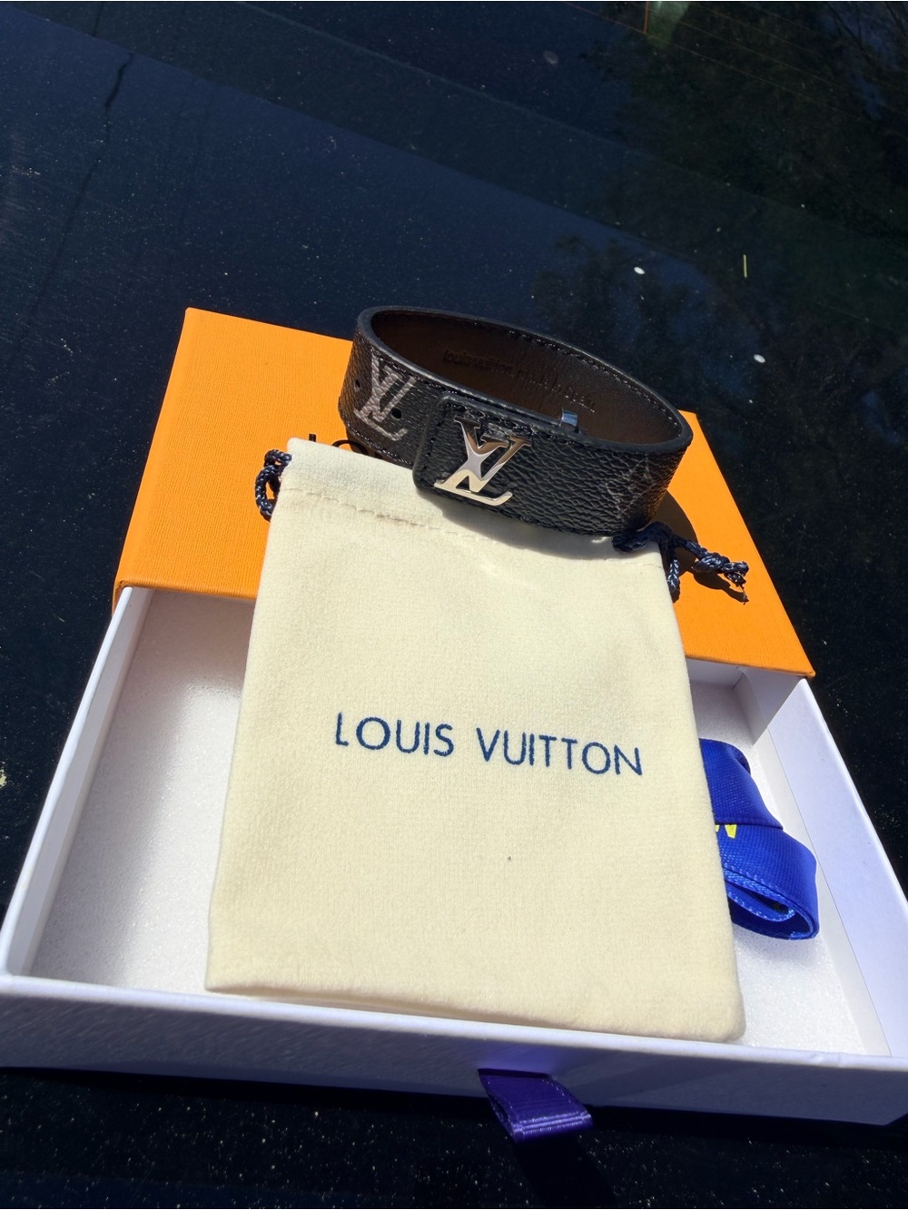 Louis Vuitton Black Monogram Leather Bracelet with LV Buckle - Picture 2 of 3